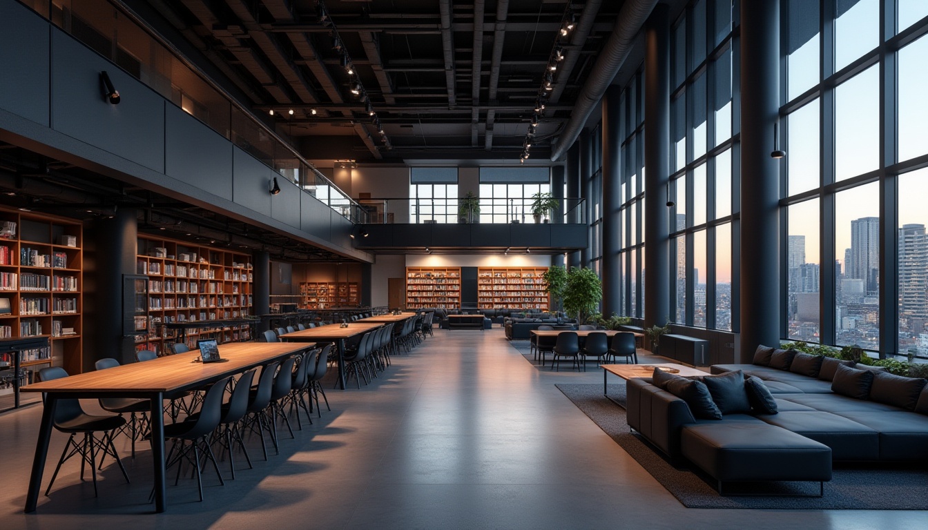 Prompt: Modern student hall, university campus, black accent walls, sleek lines, minimalist furniture, steel chairs, wooden tables, black leather sofas, spotlights, floor lamps, bookshelves, laptop stations, panoramic windows, cityscape views, evening atmosphere, warm soft lighting, 3/4 composition, shallow depth of field.