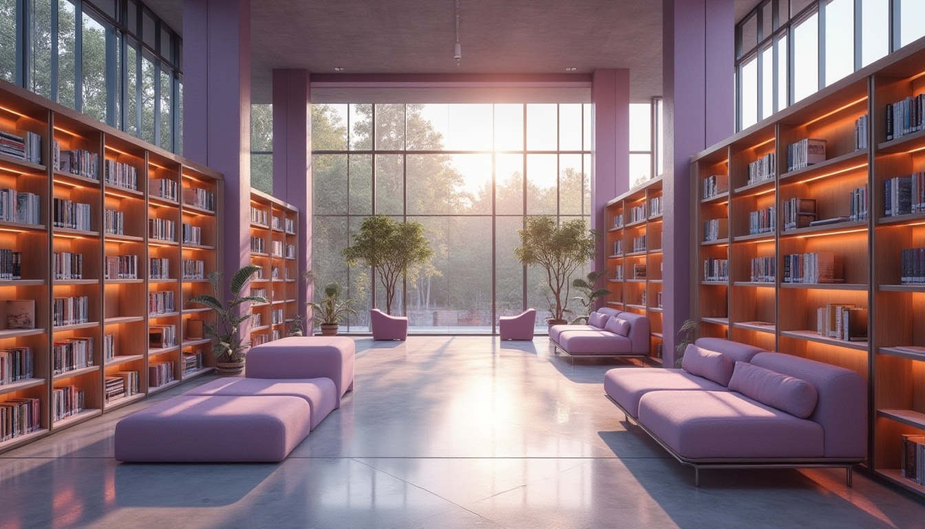 Prompt: Modern library, innovative use of lavendercrete, sleek lines, futuristic design, large glass windows, natural light pouring in, minimalist interior, polished concrete floors, wooden shelves with metallic frames, rows of books with subtle LED lighting, comfortable reading nooks with plush sofas, soft lavender hues, calming ambiance, architectural photography, high-angle shot, dramatic shadows, warm afternoon sunlight filtering through the windows.