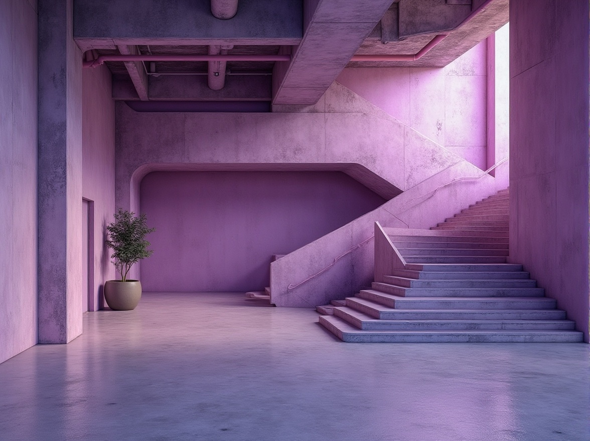 Prompt: Brutalist architecture, lilac-colored accents, industrial concrete walls, exposed ductwork, raw steel beams, minimalist decor, urban landscape, cityscape, abstract composition, low-angle shot, dramatic lighting, cinematic mood, cold tones, warm lilac hues, textured concrete floors, metal staircase, sleek lines, modernist vibes, avant-garde atmosphere.