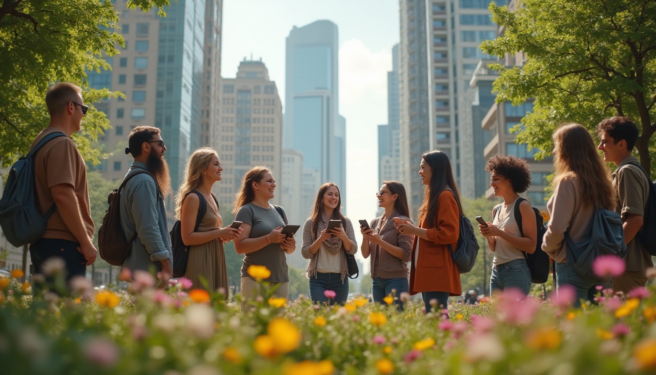 Prompt: Urban cityscape, modern skyscrapers, community center, vibrant street art, diverse group of people, mixed ages, ethnicities, and abilities, gathering, discussing, smiling, laughing, holding tablets, laptops, and papers, wearing casual trendy clothes, sunglasses, hats, and scarves, standing in a circle, surrounded by greenery, flowers, and trees, warm sunny day, soft natural lighting, shallow depth of field, documentary style, cinematic composition.