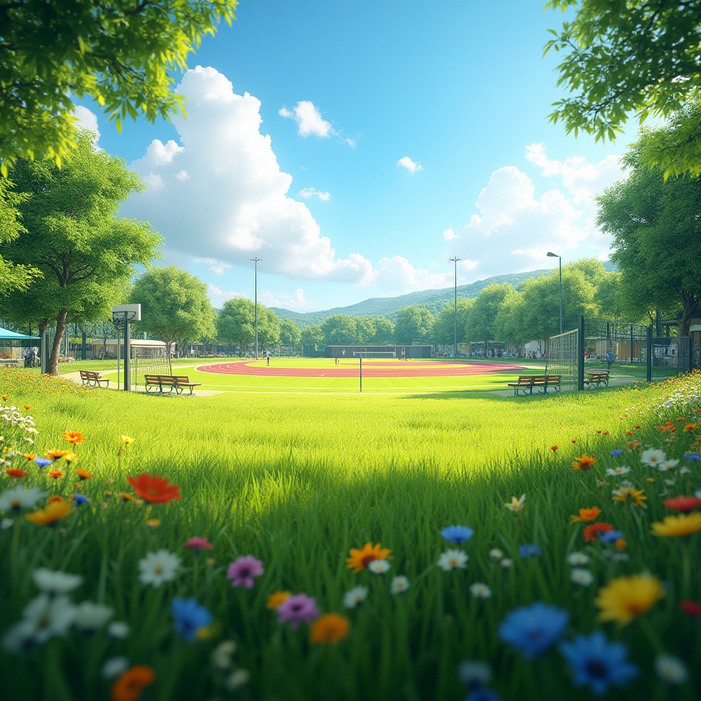 Prompt: Sports meadow, lush green grass, vibrant wildflowers, sunny afternoon, blue sky with few white clouds, gentle breeze, soft rustling sound of leaves, natural terrain, rolling hills, athletic track, soccer field, tennis court, basketball hoop, volleyball net, sports equipment scattered around, few trees providing shade, wooden benches for spectators, refreshment stalls in the distance, warm and inviting atmosphere, realistic lighting, cinematic composition.