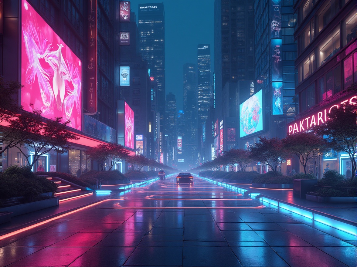 Prompt: Modern design, futuristic setting, sleek lines, neon lights, abstract shapes, plastic materials, glossy finish, metallic accents, urban cityscape, skyscrapers, LED billboards, night scene, cinematic lighting, shallow depth of field, futuristic atmosphere, bold colors.