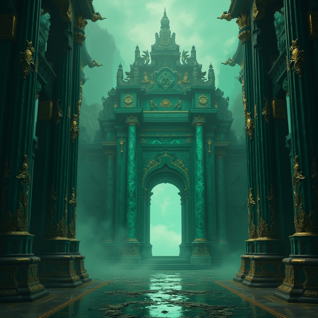 Prompt: Monument design, incorporating malachite color, ancient ruins, mysterious atmosphere, ornate details, intricate carvings, grandeur architecture, majestic columns, lavish decorations, emerald green malachite, iridescent sheen, polished stone, golden accents, regal ambiance, misty surroundings, eerie lighting, dramatic composition, cinematic depth of field, 3/4 view.