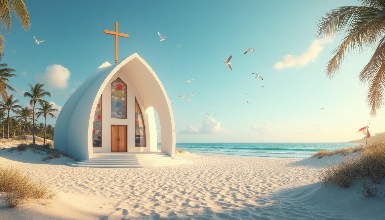 Prompt: Beachside church, modern architecture, white walls, stained glass windows, wooden cross, sandy dunes, palm trees, seagulls flying overhead, warm sunlight, gentle ocean breeze, blue sky with few clouds, vast open space, minimalistic interior design, comfortable pews, colorful beach balls decoration, friendly pastor smiling, joyful worshipers singing, sound of waves in the background, panoramic view, 3/4 composition, soft natural lighting.