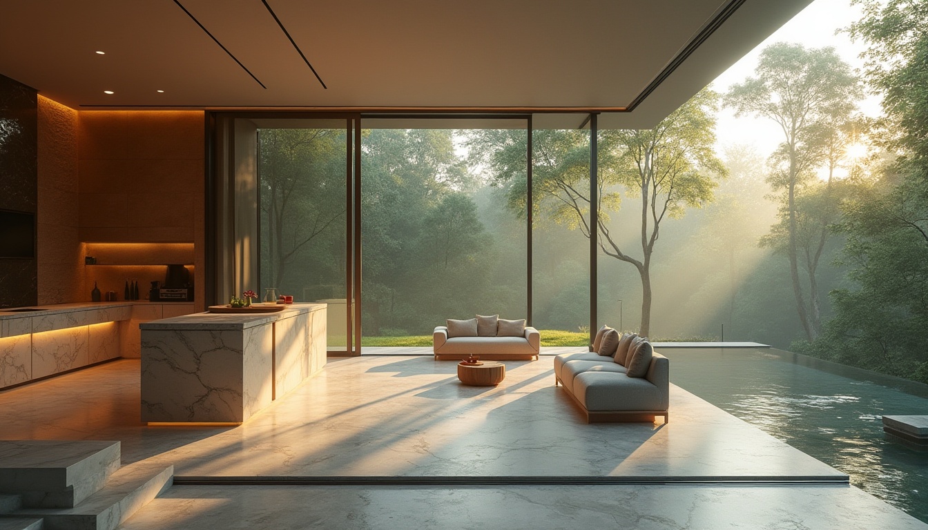 Prompt: Luxurious villa, modernist architecture, clean lines, minimalist decor, floor-to-ceiling windows, sliding glass doors, open-plan living space, high ceilings, sleek flooring, marble countertops, luxurious furniture, ambient lighting, natural materials, stone walls, lush greenery surroundings, serene forest views, misty morning atmosphere, warm golden lighting, cinematic composition, 3/4 view, shallow depth of field.