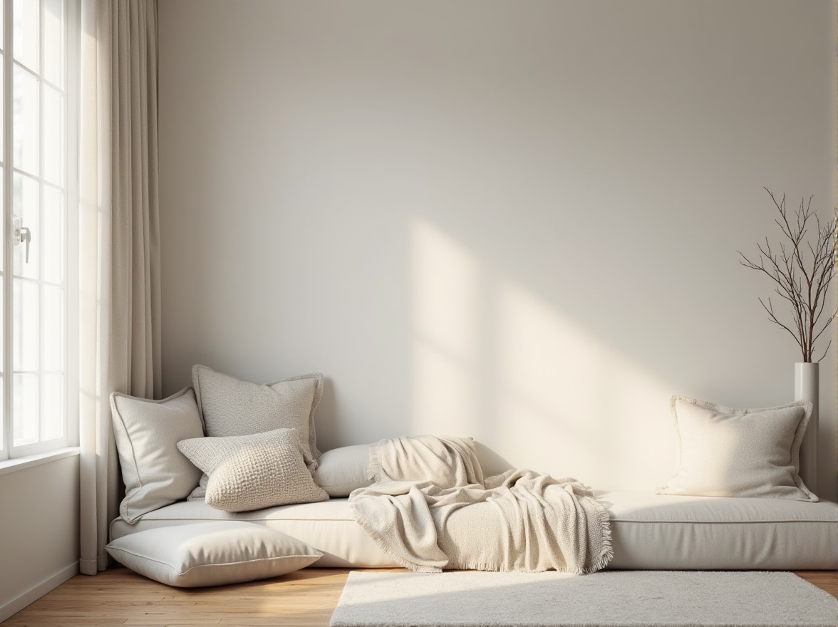 Prompt: Soft light gray walls, calming atmosphere, modern minimalist interior design, Scandinavian style, cozy reading nook, plush cushions, wooden floorboards, natural textiles, subtle gradient effect, warm softbox lighting, gentle shadows, peaceful ambiance, relaxation, serenity, simplicity, clutter-free space, abstract art pieces, elegant lines, simple shapes.