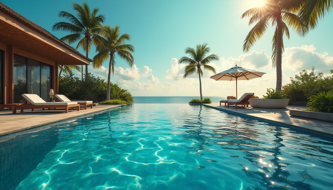 Prompt: Dark cyan pool, luxurious villa, sunny day, clear sky, palm trees, tropical plants, lounging chairs, umbrella, swimming goggles, water ripple, refraction effect, calm atmosphere, relaxation mood, 3/4 composition, warm lighting, shallow depth of field, vibrant color contrast, abstract texture, modern architecture.