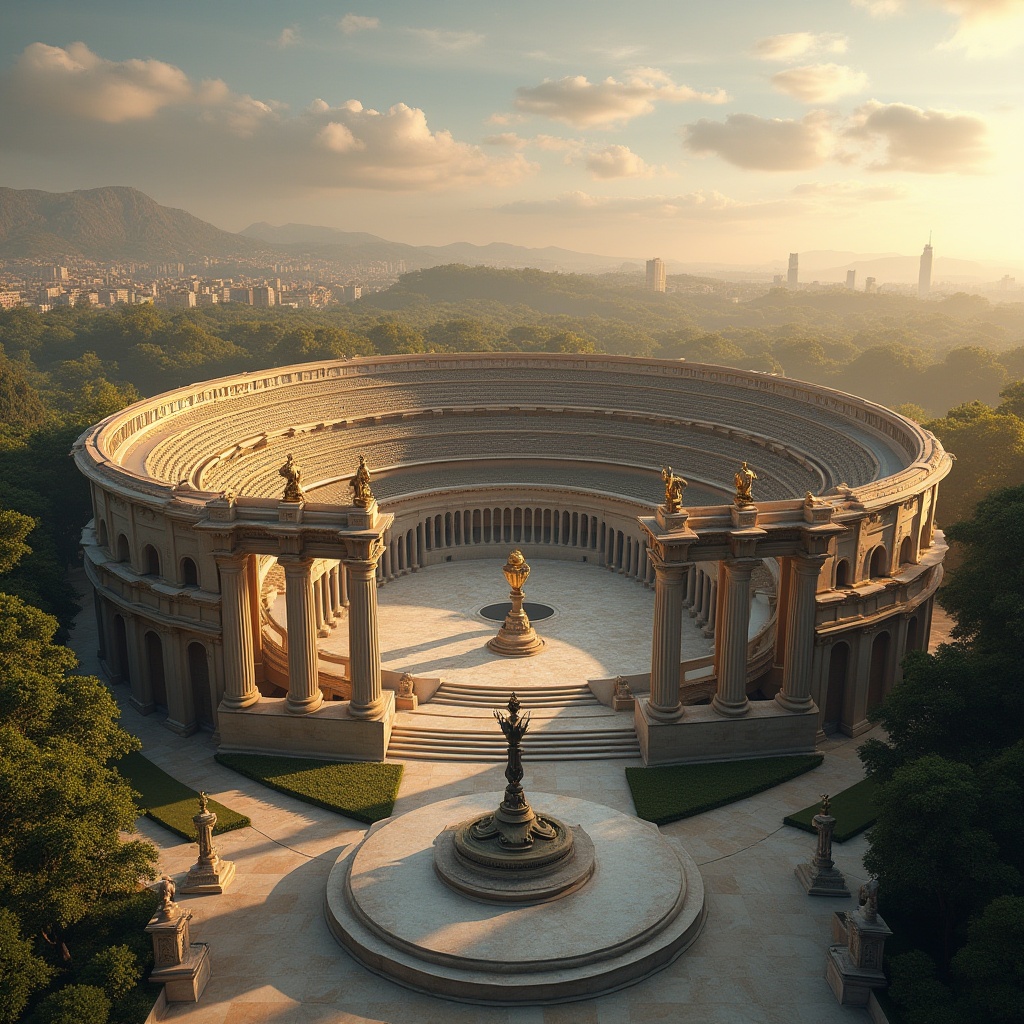 Prompt: Ancient Greek-inspired stadium, classical columns, ornate carvings, arches, domes, grand entrance, marble floors, bronze statues, lush greenery, Olympic torch, majestic architecture, evening lighting, warm golden tones, dramatic shadows, 3/4 composition, panoramic view, bird's eye view, subtle fog effect, soft focus, cinematic atmosphere.