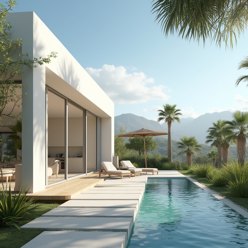 Prompt: Modern villa, luxurious, Mediterranean style, white walls, large windows, sliding glass doors, minimal decor, open floor plan, high ceilings, wooden floors, modern furniture, greenery, natural light, tropical plants, outdoor pool, lounge chairs, umbrella, sunny day, blue sky, palm trees, mountains in the background, cinematic composition, warm ambient lighting.