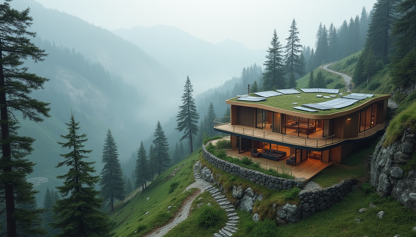 Prompt: Mountainous region, sustainable architecture, modern eco-lodge, wooden structure, green roof, solar panels, wind turbines, curved lines, natural materials, stone walls, floor-to-ceiling windows, panoramic view, misty atmosphere, foggy morning, evergreen trees, coniferous forest, steep cliffs, winding mountain roads, rustic pathway, environmental conservation, eco-friendly design, minimalist interior, wooden furniture, natural light, soft shadows, ambient lighting, cinematic composition.