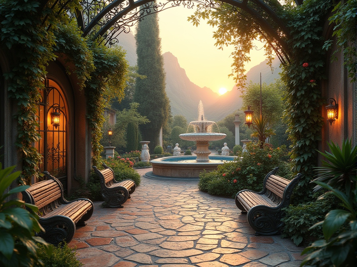 Prompt: Artistic outdoor space, Art Nouveau influence, lush greenery, ornate ironwork, flowing vines, blooming flowers, intricate mosaics, curved benches, grand fountain, majestic stone statues, natural stone pathway, soft lantern lighting, warm sunset ambiance, distant misty mountains, serene atmosphere, 3/4 composition, shallow depth of field, cinematic rendering.