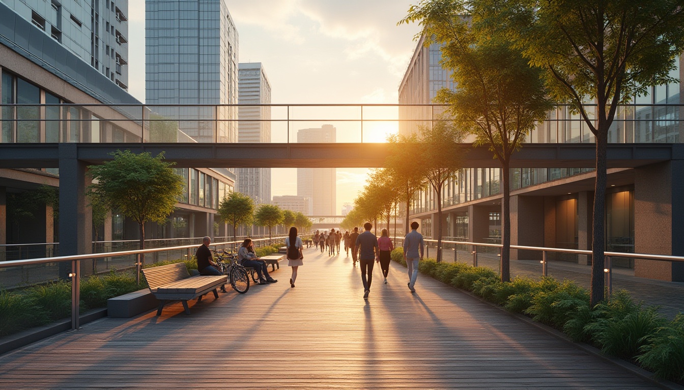 Prompt: Modern pedestrian bridge, exploring academic style, sleek minimalist architecture, steel beams, glass railings, wooden deck, natural stone pillars, urban cityscape, skyscraper background, sunset time, warm golden light, soft shadows, pedestrians walking, some sitting on benches, bicycles parked, vibrant greenery, hanging plants, modern streetlamps, 3/4 composition, cinematic lighting, realistic textures, depth of field.