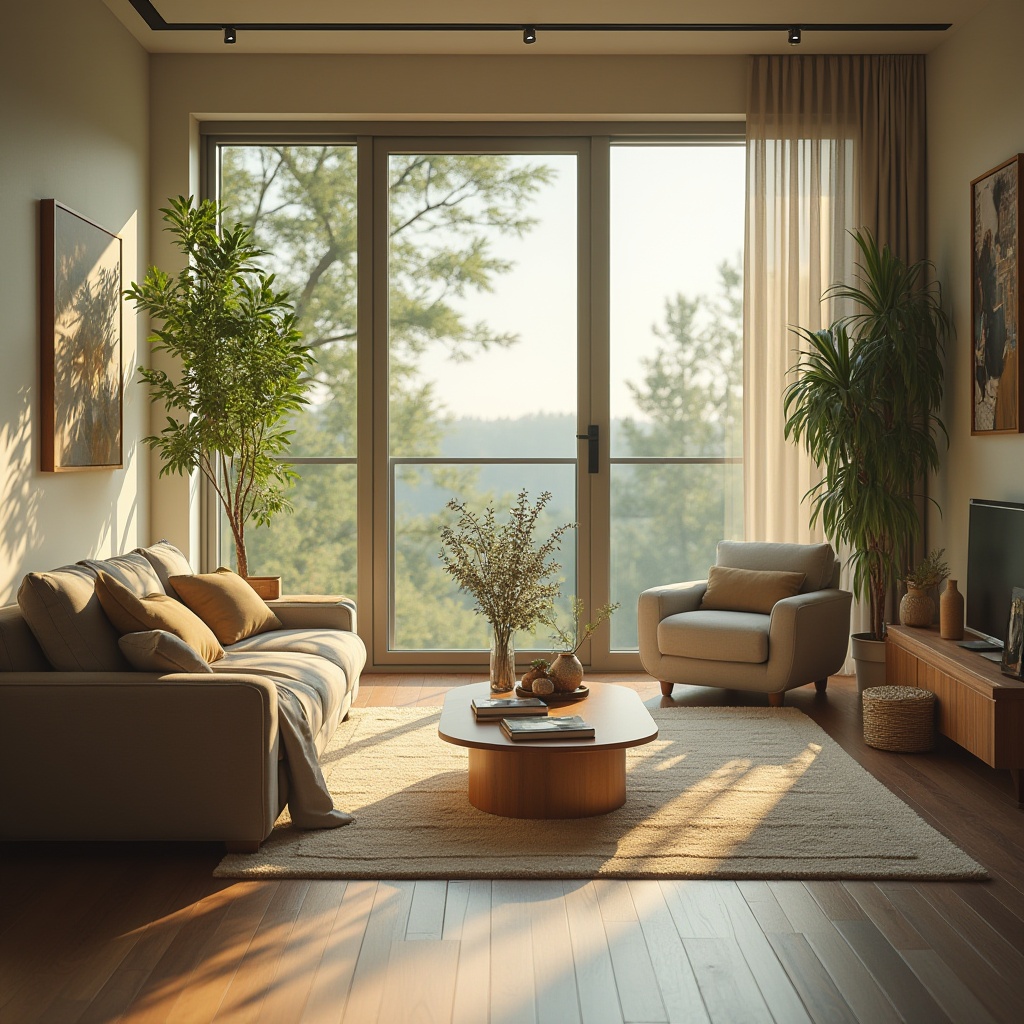 Prompt: Functional spaces, residential areas, modern interior design, cozy atmosphere, minimalist furniture, large windows, natural light, greenery, wooden floor, soft carpet, comfortable sofa, coffee table, decorative vases, family photos, warm lighting, 3/4 composition, shallow depth of field, soft focus, warm color tone.