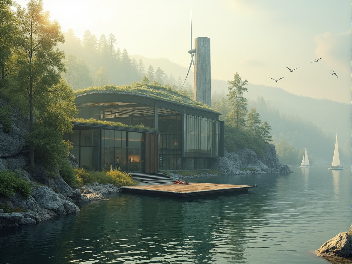 Prompt: Lakefront factory, green architecture, modern industrial design, glass façade, steel frame, lush green roof, solar panels, wind turbines, natural stone walls, wooden accents, eco-friendly materials, serene lake view, surrounding forest, misty morning atmosphere, soft golden light, gentle ripples on the water surface, few sailboats drifting in the distance, seagulls flying overhead, rustic wooden dock, ambient sound of lapping water, cinematic composition, 3/4 view, warm color palette.