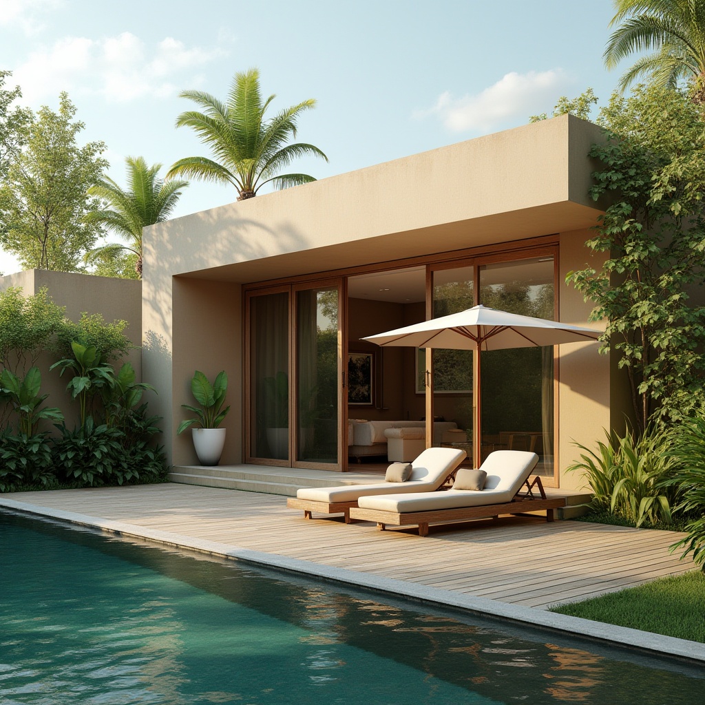 Prompt: villa, modernism, khaki color, luxurious, exterior wall, large windows, sliding glass door, greenery, tropical plants, wooden deck, poolside, lounge chair, umbrella, sunny day, warm lighting, shallow depth of field, 3/4 composition, horizontal format.