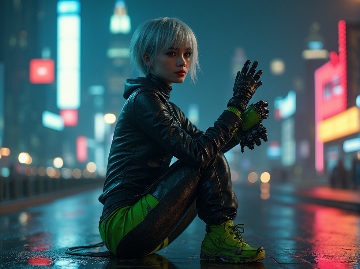 Prompt: High-tech lady, futuristic, 25yo, short silver hair, bold red lipstick, sleek black leather jacket, metallic fabric pants, neon green boots, robotic arms, advanced gadgets, cityscape, skyscraper, night scene, panoramic view, cinematic composition, high-contrast lighting, neon lights reflecting off wet pavement, cyberpunk atmosphere, sharp angles, 3/4 composition, detailed textures, intricate patterns.