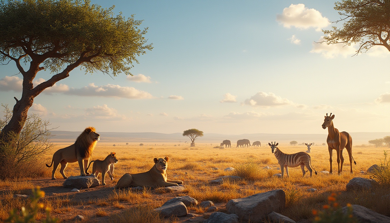 Prompt: Savannah landscape, warm sunlight, vast open space, acacia trees, scattered rocks, dry grass, few wildflowers, a pride of lions resting in the shade, lioness with cubs playing, male lion standing watchfully, giraffes roaming freely, zebras grazing, elephants walking in the distance, clear blue sky, few white clouds, warm soft lighting, cinematic composition, shallow depth of field, natural colors, realistic textures.