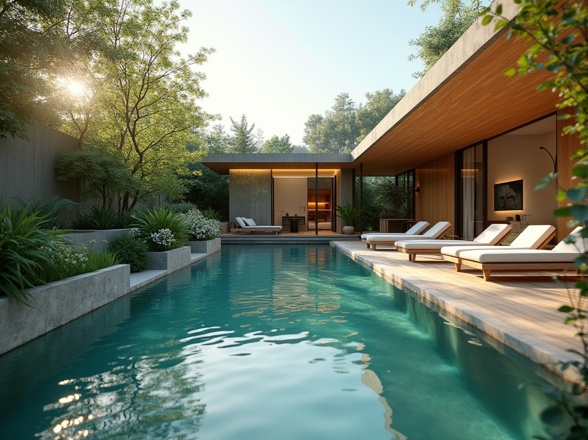 Prompt: Eco-friendly swimming pool, modern architecture, sleek lines, greenery surroundings, recycled materials, solar panels, natural stone, wooden deck, minimalist furniture, ambient lighting, serene atmosphere, peaceful water reflection, lush trees, flowers blooming around the pool area, soft focus, warm sunlight, 3/4 composition, depth of field, environmental conservation, sustainable design.