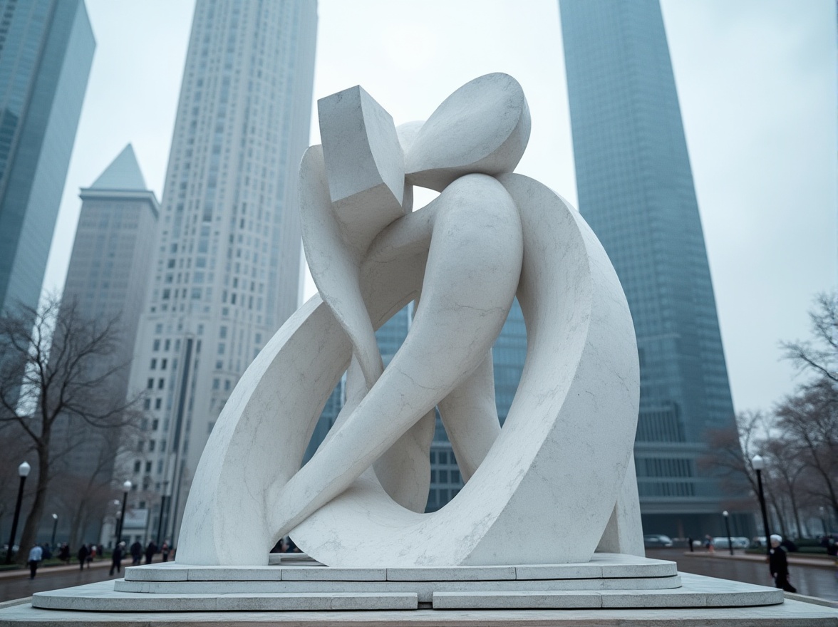 Prompt: Monument, modernism style, abstract sculpture, white marble, silver metal, clean lines, geometric shapes, minimal ornamentation, bold typography, urban cityscape, skyscraper background, cloudy sky, dramatic lighting, low-angle shot, 3/4 composition, cinematic mood, detailed texture, realistic rendering.