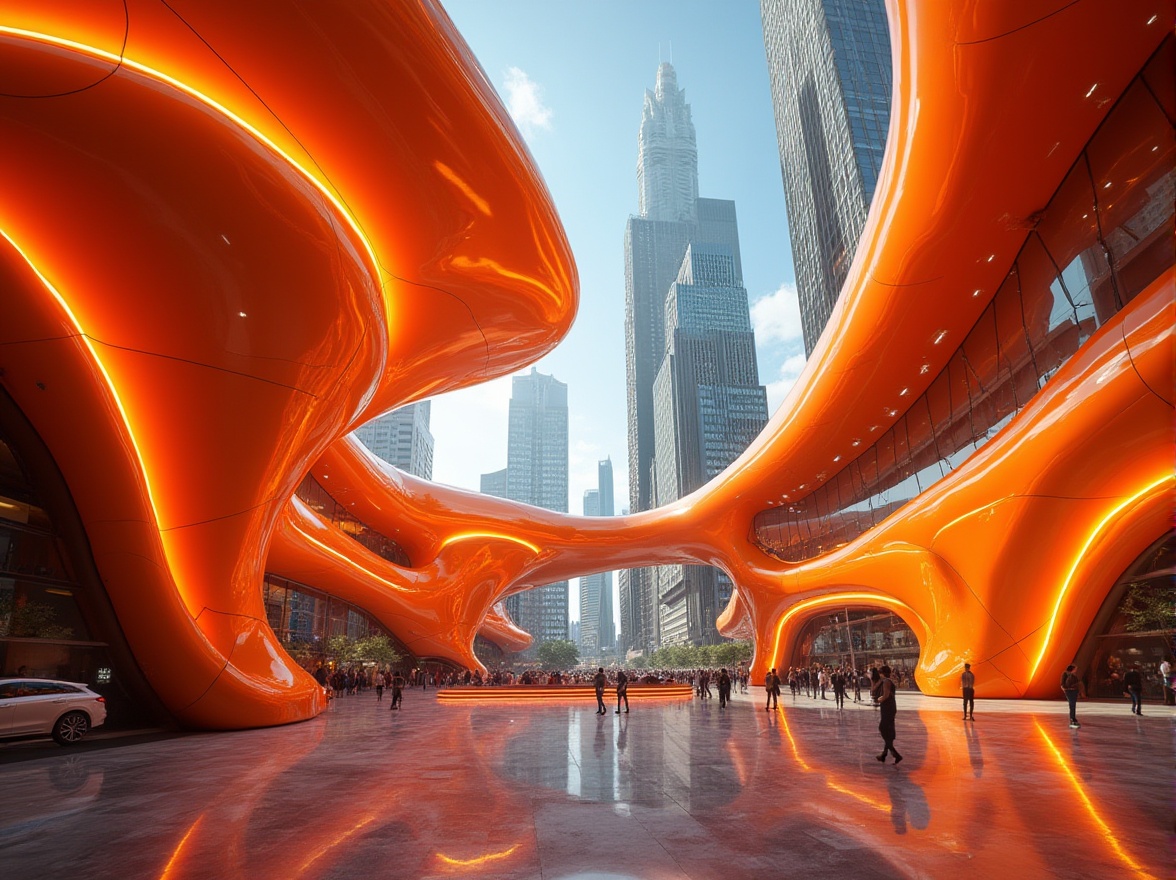 Prompt: Vibrant design, tangerine color, energetic atmosphere, futuristic architecture, curved lines, sleek shapes, metallic materials, glossy finish, neon lights, abstract patterns, dynamic composition, low-angle shot, dramatic lighting, bold typography, modern cityscape, skyscraper background, busy streets, pedestrian traffic.