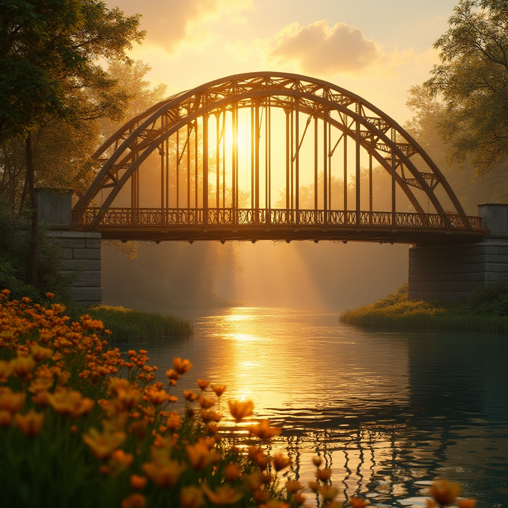 Prompt: Golden bridge, sunset time, warm golden light reflecting off the metal structure, ornate railings, majestic arches, suspended walkway, river flowing underneath, lush greenery on both banks, vibrant yellow and orange flowers blooming, gentle mist rising from the water surface, soft focus background, cinematic composition, 3/4 view, low-angle shot, dramatic lighting, warm color tone, detailed texture, realistic render.