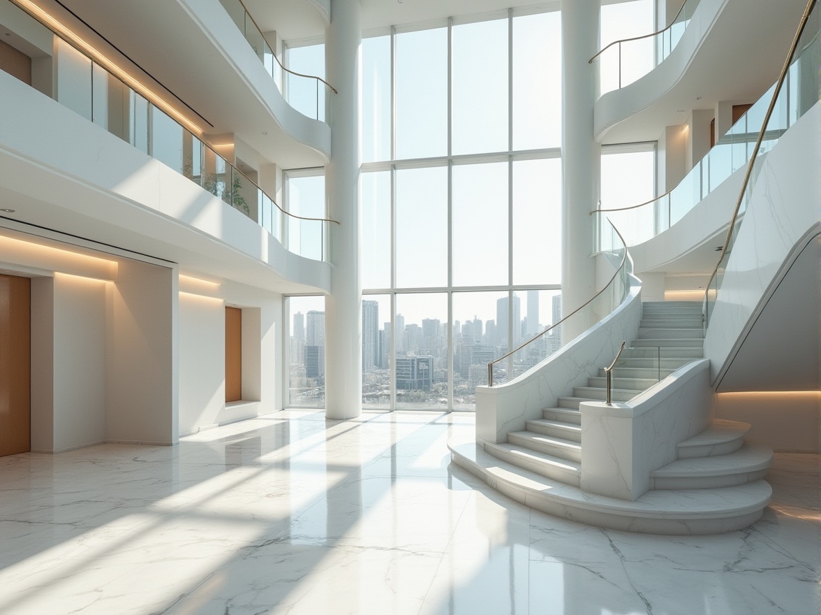 Prompt: Bauhaus architecture, modernist building, geometric shapes, marble material, white polished floor, sleek lines, minimalist interior, grand staircase, ornate railings, luxurious ambiance, natural light pouring through large windows, urban cityscape, metropolitan backdrop, sunny day, soft shadows, high contrast, cinematic composition, wide-angle lens.