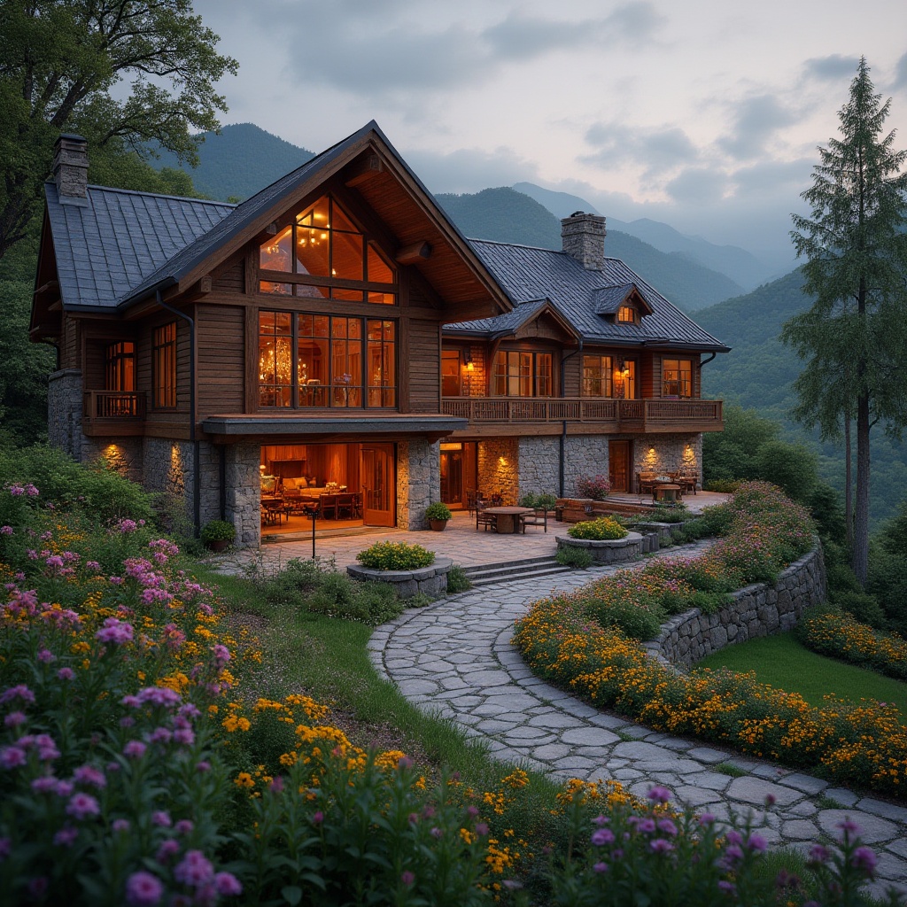 Prompt: Rustic performing arts center, wooden structure, earthy tones, natural materials, stone walls, wooden beams, large windows, warm lighting, cozy atmosphere, lush greenery, outdoor amphitheater, vibrant flowers, winding path, scenic hills, dramatic skies, soft focus, cinematic composition, 3/4 view, low angle shot, warm color palette.