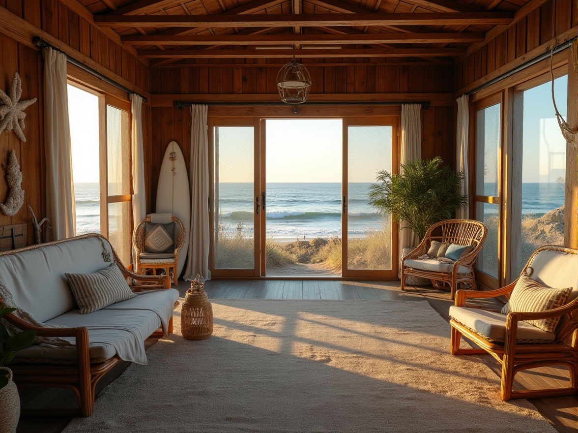 Prompt: Beach loft, vernacular architecture, wooden structure, rustic exterior, weathered wood, corrugated metal roof, large windows, sliding glass doors, ocean views, beachy keen interior, natural materials, reclaimed wood, wicker furniture, linen upholstery, nautical accents, ropes and anchors, vintage surfing boards, shells and starfish decorations, warm lighting, cozy atmosphere, morning sunlight, sea breeze, sound of waves, 3/4 composition, soft focus, dreamy ambiance.