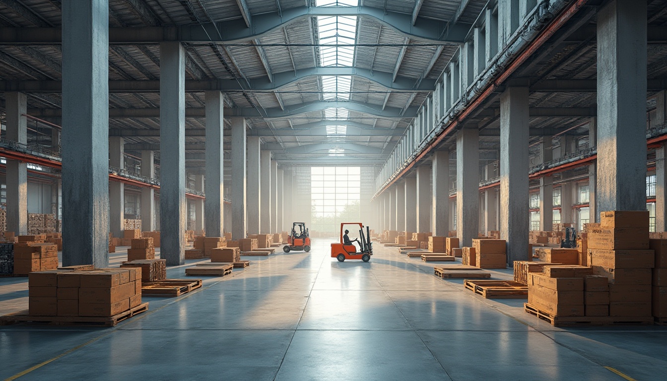 Prompt: Modern distribution center, industrial architecture, masonry materials, concrete blocks, steel frames, large windows, natural light, high ceilings, spacious interior, busy workers, forklifts, pallets, shelves, crates, boxes, busy atmosphere, day time, soft lighting, 3/4 composition, panoramic view.