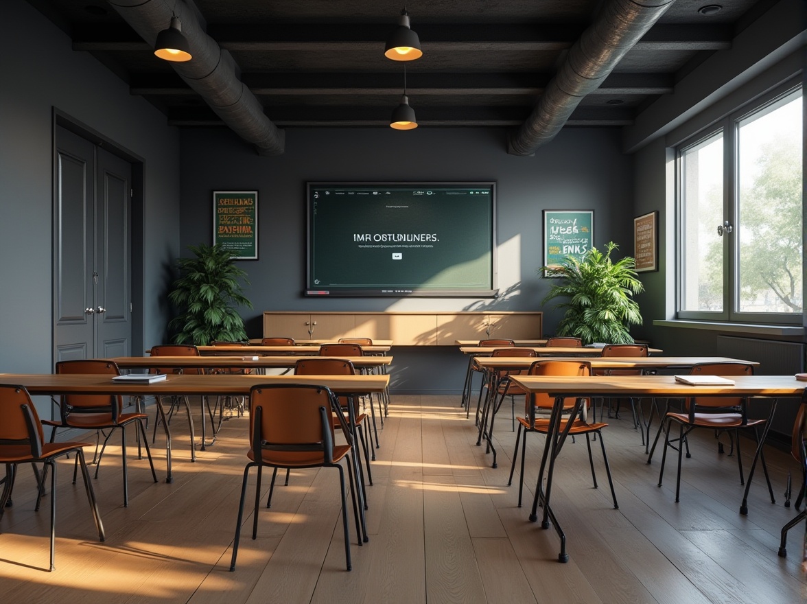 Prompt: Educational space, modern classroom, dark gray accent walls, sleek wooden desks, ergonomic chairs, metal legs, minimal decorations, motivational quotes, inspirational posters, warm white lighting, cozy atmosphere, soft shadows, 3/4 composition, facial close-up, panoramic view, realistic, ambient light, cinematic composition.