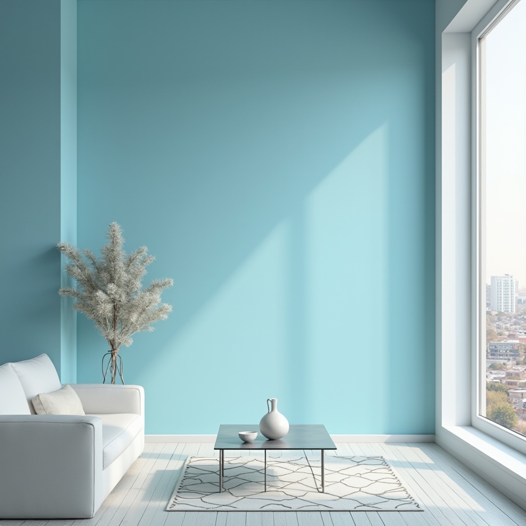 Prompt: Cerulean blue accent wall, modern minimalist interior, empty space, solo decorative vase, glass coffee table, white sofa, geometric patterned rug, large window, cityscape view, daytime, soft natural light, 3/4 composition, shallow depth of field, pastel color palette, calming atmosphere, Scandinavian design inspiration.