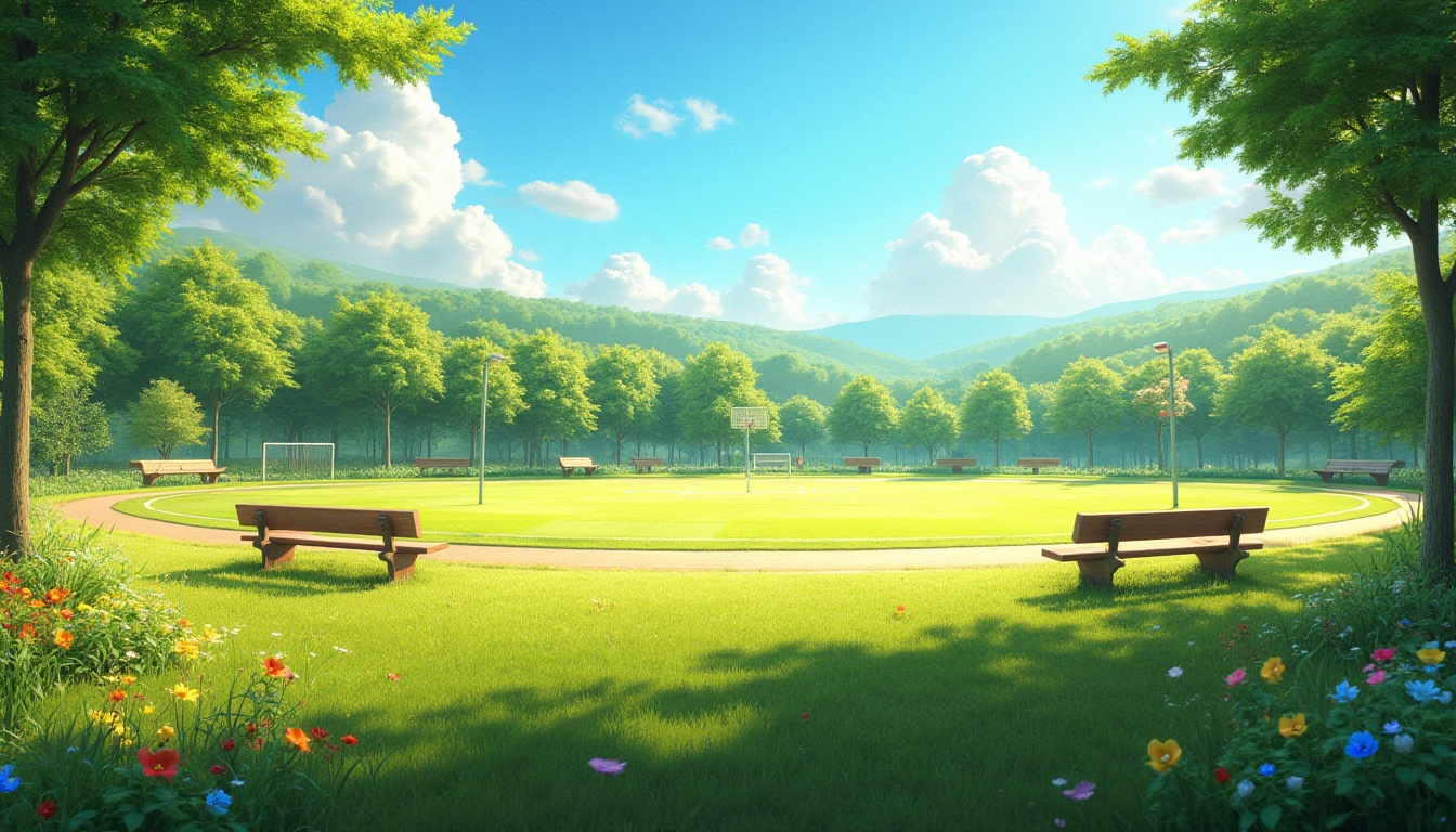 Prompt: A sunny sports meadow, green grass, vibrant wildflowers, scattered trees, wooden benches, athletic tracks, soccer goals, basketball hoops, tennis courts, blue sky with few white clouds, warm sunlight, gentle breeze, joyful atmosphere, natural terrain, rolling hills, soft shadows, panoramic view, 3/4 composition, realistic textures, ambient lighting.