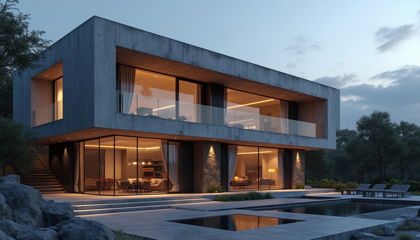 Prompt: Modern residential building, luxurious villa, minimalist style, concrete structure, rough texture, industrial chic, large glass windows, sliding doors, open floor plan, high ceiling, abstract art decor, sleek lines, monochromatic color scheme, urban landscape, city view, evening ambient lighting, dramatic shadows, 3/4 composition, wide-angle lens.