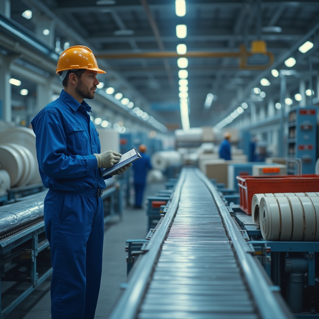 Prompt: Industrial setting, factory interior, polyethylene materials, rolls of plastic sheets, corrugated pipes, machines, conveyor belts, worker in blue uniform, gloves, safety helmet, holding clipboard, inspecting production line, fluorescent lighting, metal shelves, stacks of crates, background blur, shallow depth of field, realistic, ambient light, 3/4 composition.