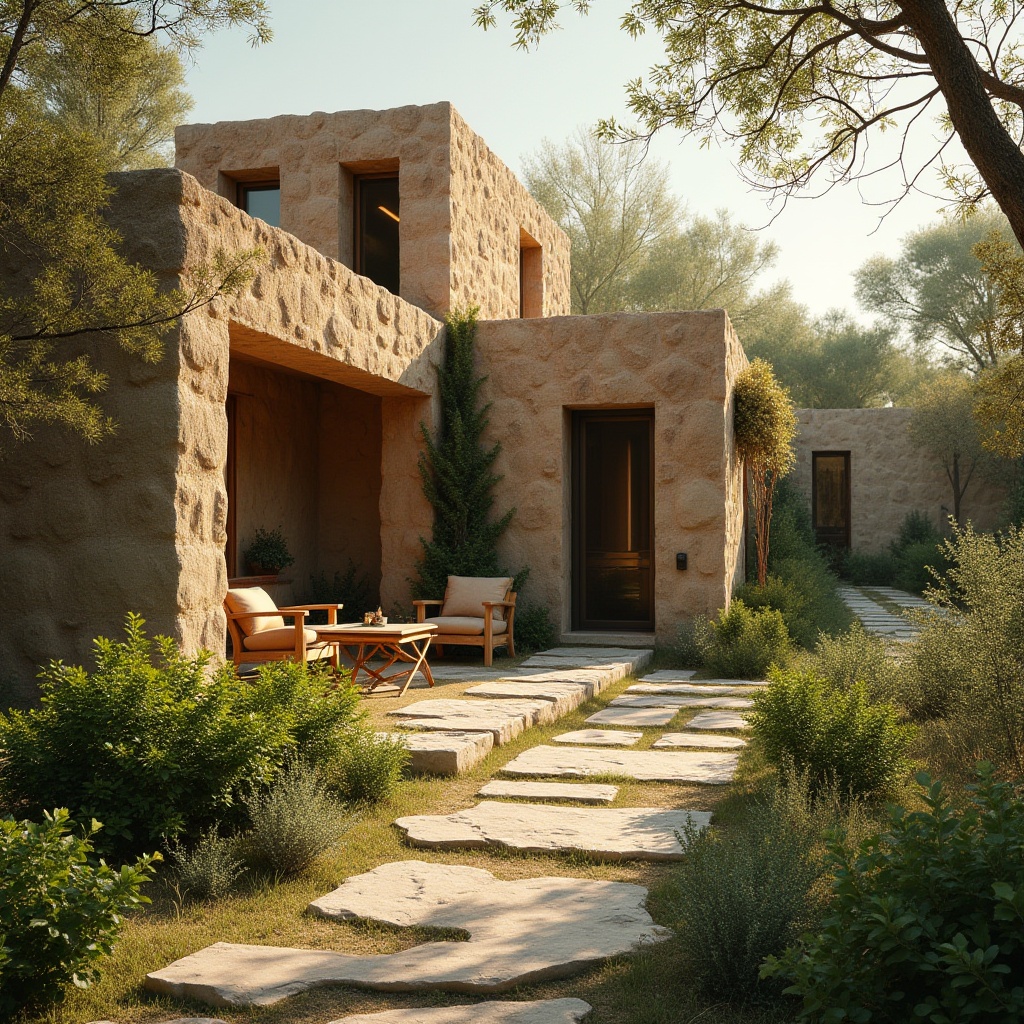 Prompt: Earthy tone, natural texture, rammed earth material, modern architectural design, eco-friendly, sustainable living, green building, villa, residential area, backyard garden, lush vegetation, wooden furniture, stone pathways, warm sunlight, soft shadows, afternoon ambiance, 3/4 composition, shallow depth of field, rustic charm, natural beauty, organic forms.