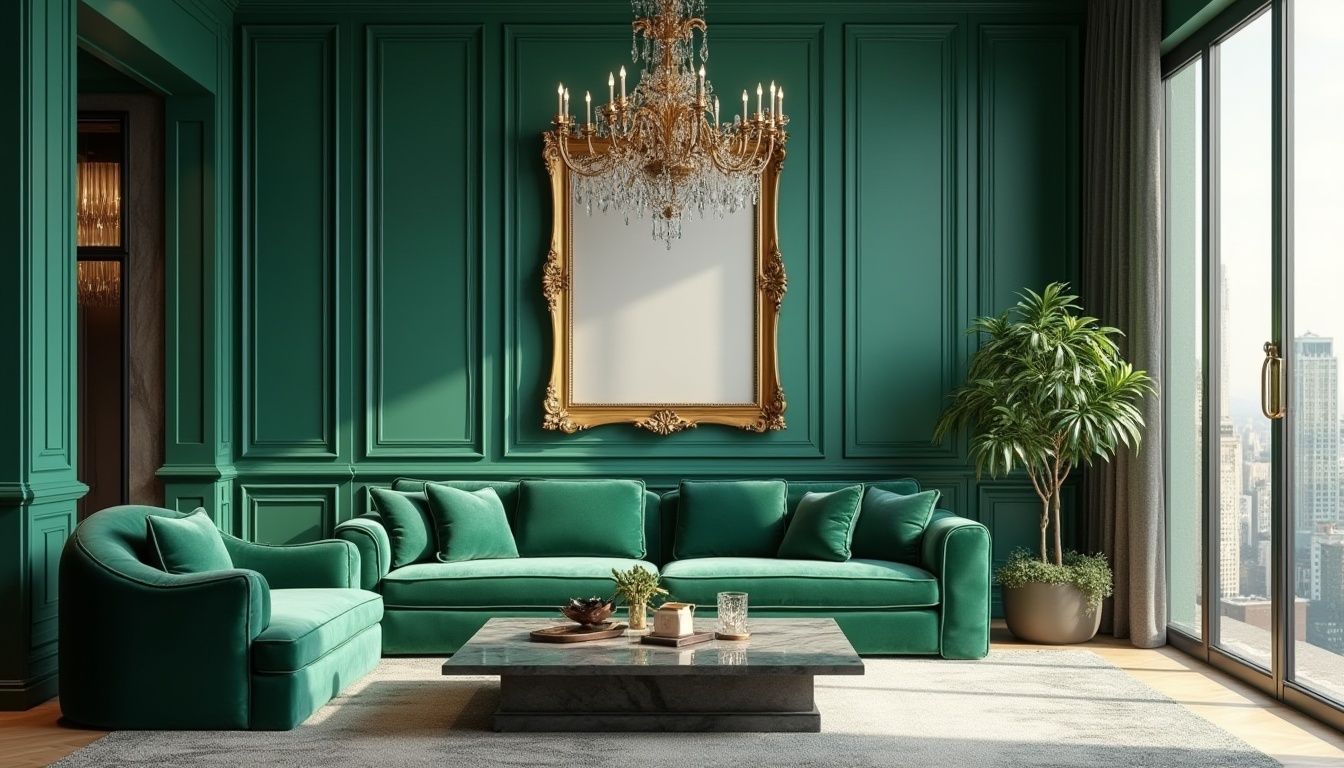 Prompt: Vibrant malachite green walls, luxurious modern living room, velvet sofa, ornate golden frame, crystal chandelier, marble coffee table, floor-to-ceiling windows, cityscape view, afternoon sunlight, softbox lighting, 3/4 composition, shallow depth of field, elegant ambiance, sophisticated atmosphere.