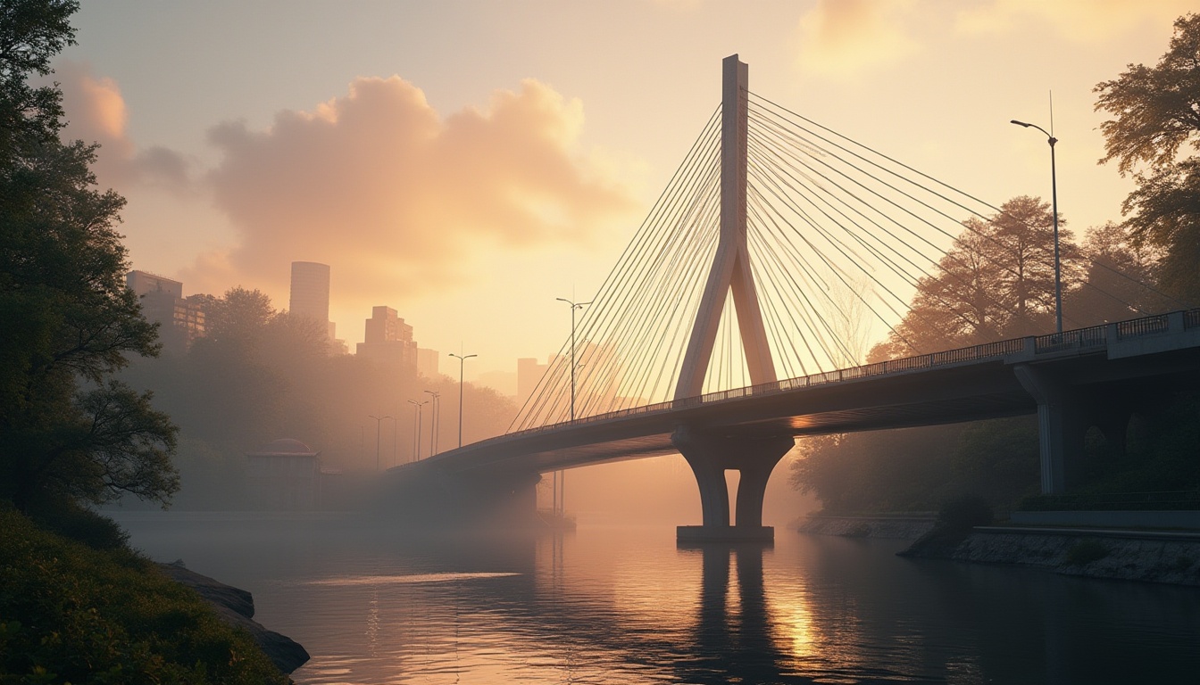 Prompt: Streamlined Moderne style bridge, evening time, warm golden light, subtle fog, cityscape, urban landscape, suspension cables, steel beams, curved lines, minimalist design, sleek pillars, pedestrian walkway, river flowing underneath, calm water reflections, lush greenery, street lamps casting long shadows, misty atmosphere, soft focus, shallow depth of field, cinematic composition, dramatic lighting.