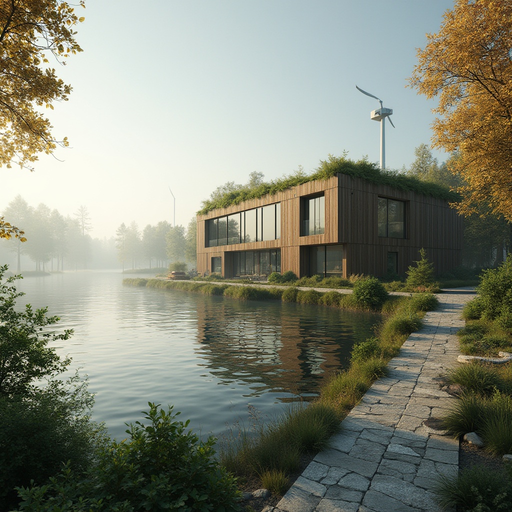 Prompt: Lakefront factory, green architecture, modern industrial building, large glass windows, wooden accents, living walls, lush greenery, solar panels, wind turbines, serene lake backdrop, misty morning, warm sunlight, gentle ripples on the water surface, surrounding trees with autumn foliage, stone paved pathway, benches, minimalist landscaping, eco-friendly design, sustainable materials, natural lighting, airy interior, exposed ductwork, sleek machinery, innovative technology, panoramic view, cinematic composition, soft focus, vibrant colors.