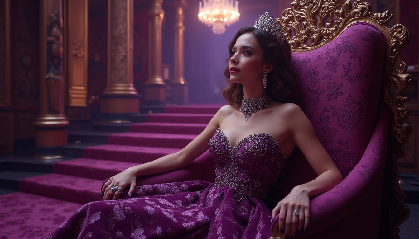 Prompt: Rich amethyst color, luxurious atmosphere, velvet fabric, intricate embroidery, ornate patterns, regal crown, queen's throne, lavish decorations, grand chandelier, opulent furniture, baroque architecture, crystal glass, gemstone accessories, sophisticated woman, elegant hairstyle, extravagant jewelry, evening gown, red carpet, majestic staircase, dramatic lighting, cinematic composition.