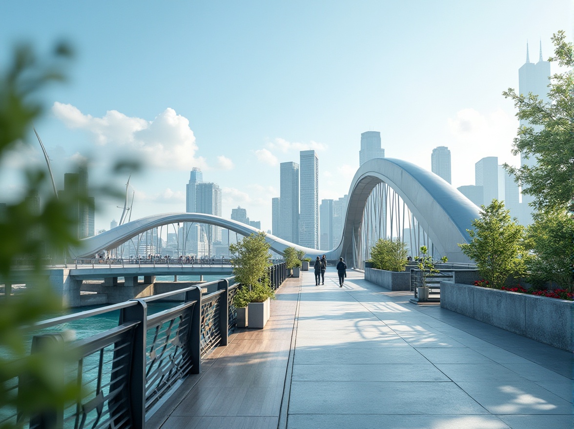 Prompt: Modern pedestrian bridge, sleek minimalist design, steel structure, silver-gray color, clean lines, geometric shapes, urban setting, cityscape background, skyscrapers nearby, daytime, clear blue sky, few white clouds, soft natural light, 3/4 composition, shallow depth of field, focus on bridge's curves and details, concrete piers, metal railings, wooden or steel decking, vibrant greenery, potted plants along the bridge, people walking in the distance, blurred motion, sense of movement, modern architecture, futuristic feel.