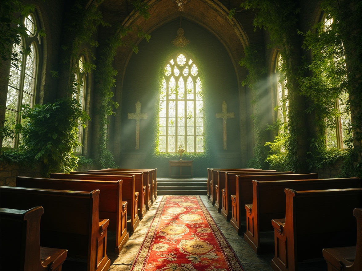 Prompt: Church, chapel, holy place, surrounded by lush green forest, vines crawling up stone walls, stained glass windows reflecting natural light, tree branches stretching towards heavens, gentle mist, morning dew, rustic wooden pews, floral patterns on carpets, leaf-inspired arches, natural stone floors, earthy tones, serene atmosphere, soft warm lighting, peaceful ambiance, 3/4 composition, low-angle shot, fisheye lens.