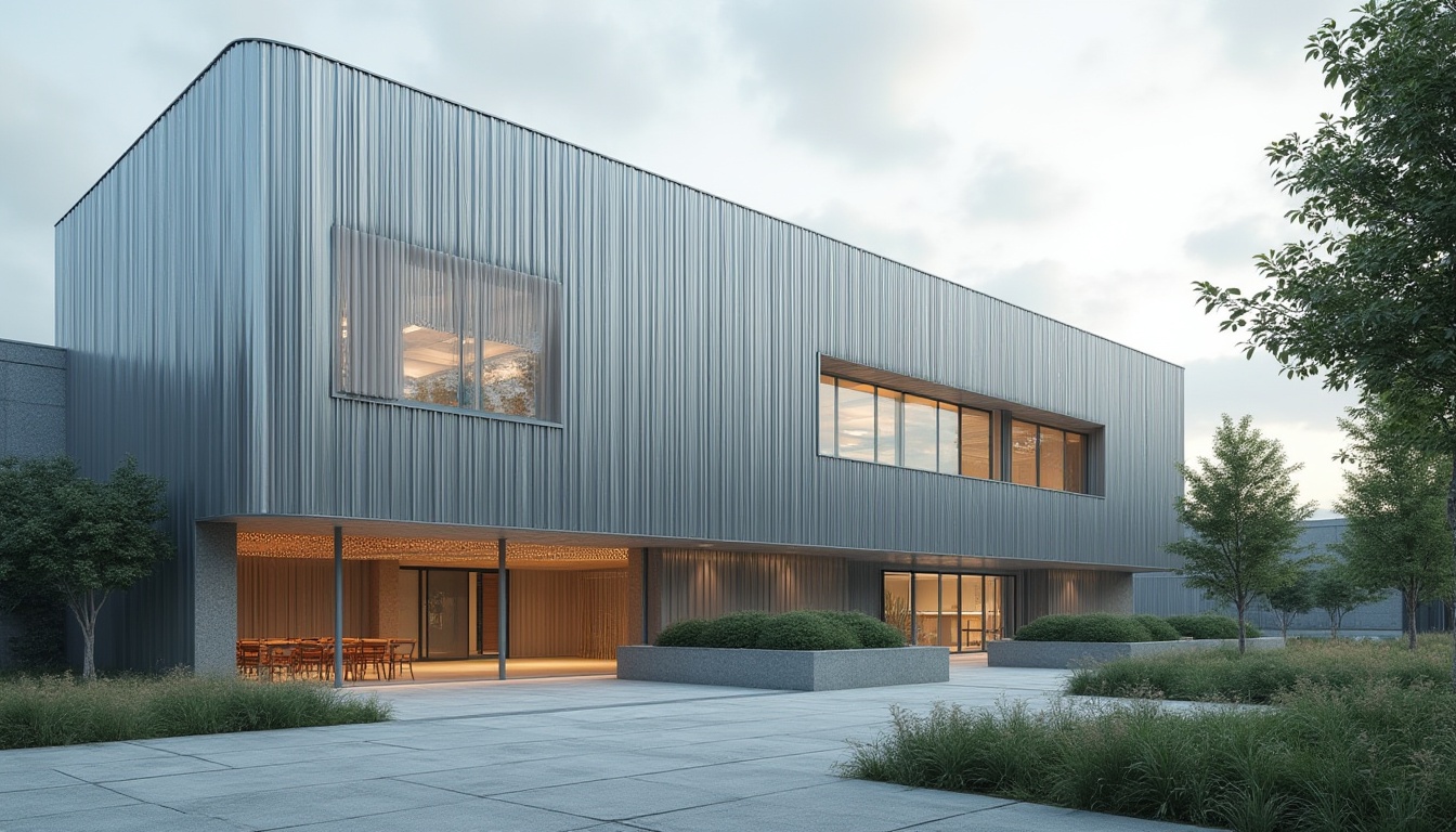 Prompt: Modern school building, corrugated metal wall, silver gray color, industrial look, clean lines, minimalist architecture, large windows, natural light, open courtyard, greenery, trees, educational environment, futuristic feel, metallic texture, reflective surface, angular structure, bold design, urban setting, cityscape background, cloudy sky, soft focus, shallow depth of field, 3/4 composition, high contrast lighting.