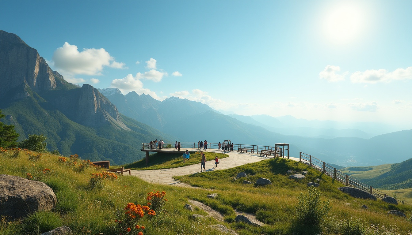 Prompt: Plateau, scenic viewing platform, elevated terrain, gentle slope, lush green grass, vibrant wildflowers, majestic mountain range backdrop, clear blue sky with few white clouds, warm sunlight casting long shadows, comfortable wooden benches, rustic metal railings, informative signs, binoculars stands, telescopes, walking paths, leisurely strolling people, happy children running, panoramic view, 3/4 composition, soft natural lighting, cinematic atmosphere.