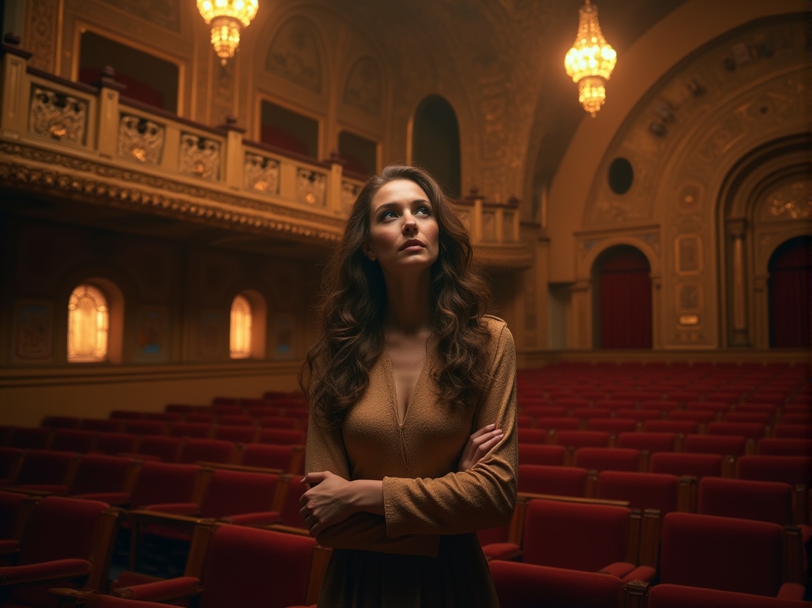 Prompt: Rural theatre, Byzantine architecture style, ornate decorations, golden domes, intricate mosaics, rustic wooden benches, velvet red curtains, ornamental chandeliers, dim warm lighting, evening atmosphere, mature lady, long curly brown hair, elegant makeup, formal wear, standing, arms crossed, gazing upwards, dramatic spotlight, 3/4 composition, soft focus, cinematic mood.