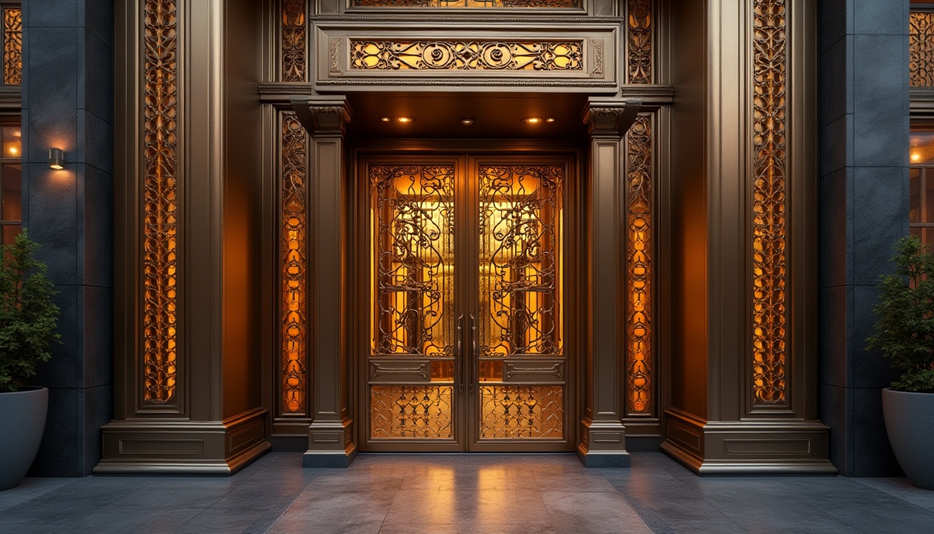 Prompt: Bronze-colored building, luxurious modern architecture, grand entrance, bronze metal doors, detailed ornate patterns, warm golden lighting, evening scene, cityscape, skyscraper background, 3/4 composition, low-angle shot, dramatic shadows, atmospheric mist, cinematic mood, high-contrast ratio, realistic texture, metallic material, ornate details, symmetrical structure.