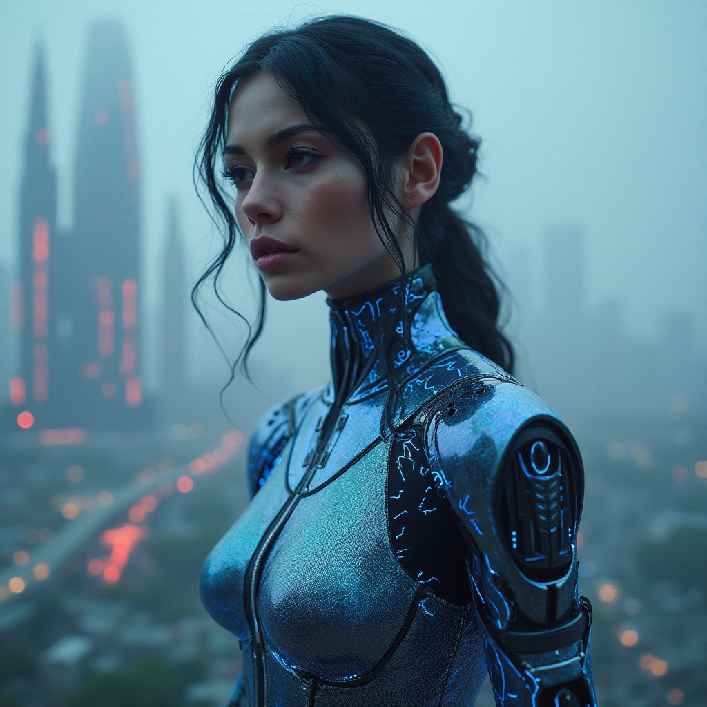 Prompt: Futuristic woman, sci-fi, high-tech fabric, metallic sheen, holographic patterns, neon lights, glowing threads, robotic limbs, cyberpunk cityscape, skyscraper background, misty atmosphere, panoramic view, 3/4 composition, low-angle shot, vibrant colors, ambient lighting, cinematic mood.