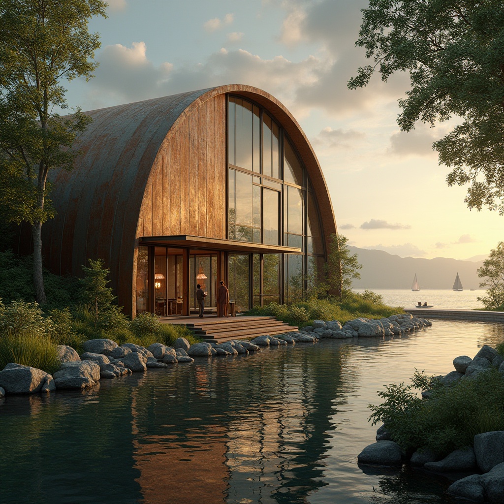 Prompt: Lakefront factory, green architecture, modern industrial building, copper material, rusty texture, metallic luster, large windows, natural light, wooden accents, steel beams, minimalist interior, eco-friendly design, surrounded by lush greenery, lake views, sunset reflections, calm water, sailboats in the distance, misty atmosphere, soft warm lighting, 3/4 composition, shallow depth of field.