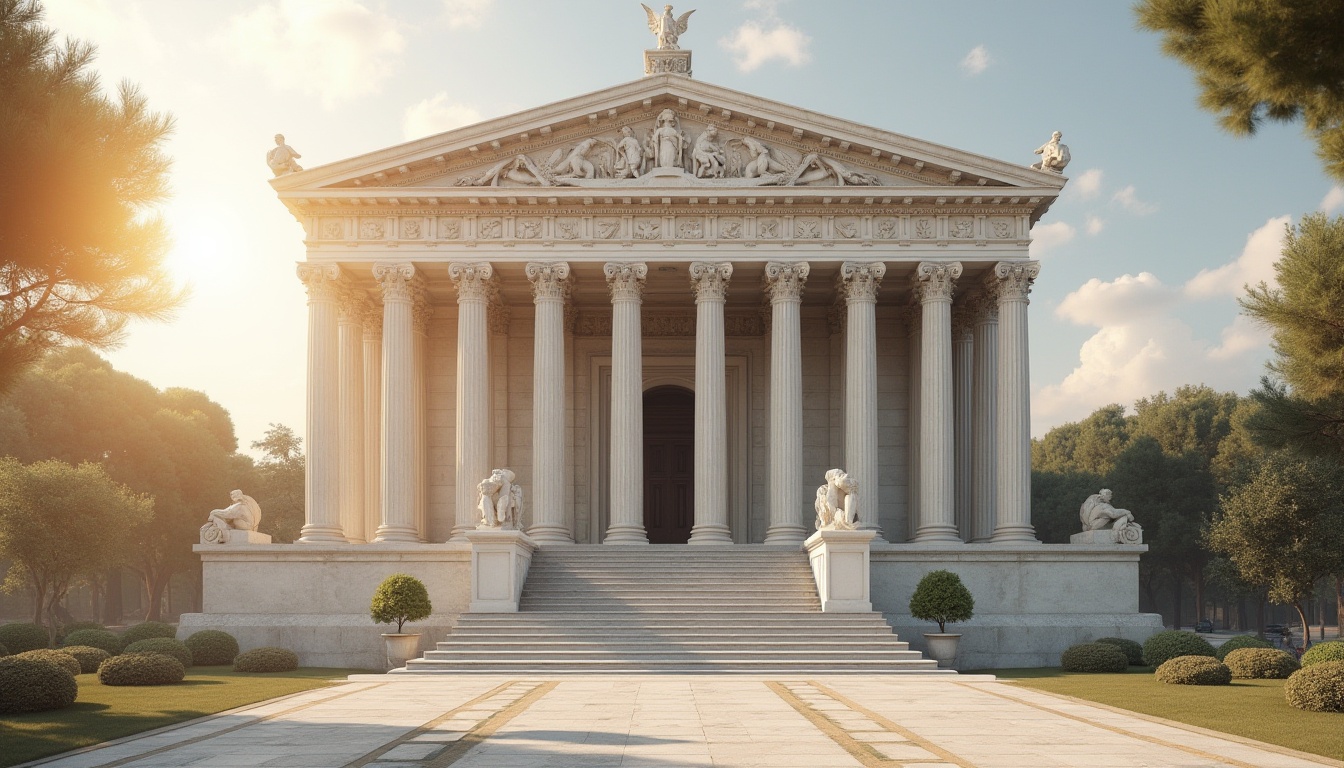 Prompt: Ancient Greek-inspired monument, elegant marble material, white Carrara marble, detailed stone carvings, ornate columns, grand statues, intricate reliefs, soft golden lighting, warm afternoon sun, subtle shadows, beautiful bokeh, shallow depth of field, historic landmark, serene atmosphere, majestic composition, 3/4 angle view, panoramic capture, HDR rendering.