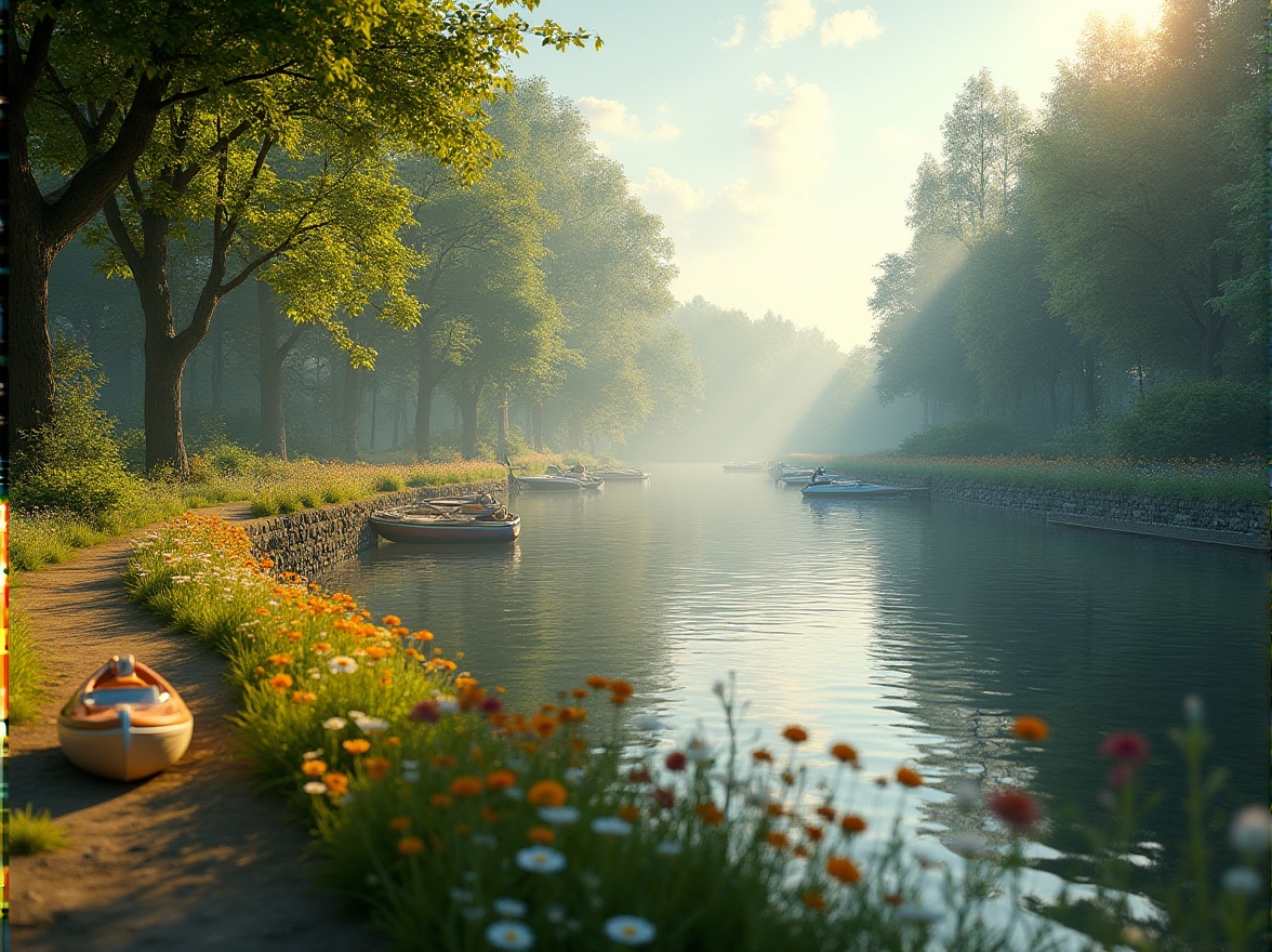 Prompt: Scenic riverbank, serene atmosphere, lush greenery, vibrant flowers, gentle water flow, natural stone wall, wooden dock, sailboats, kayaks, riverside walking path, morning mist, warm sunlight, soft shadows, panoramic view, 3/4 composition, shallow depth of field, calm ambiance, peaceful mood, idyllic scene, realistic rendering.