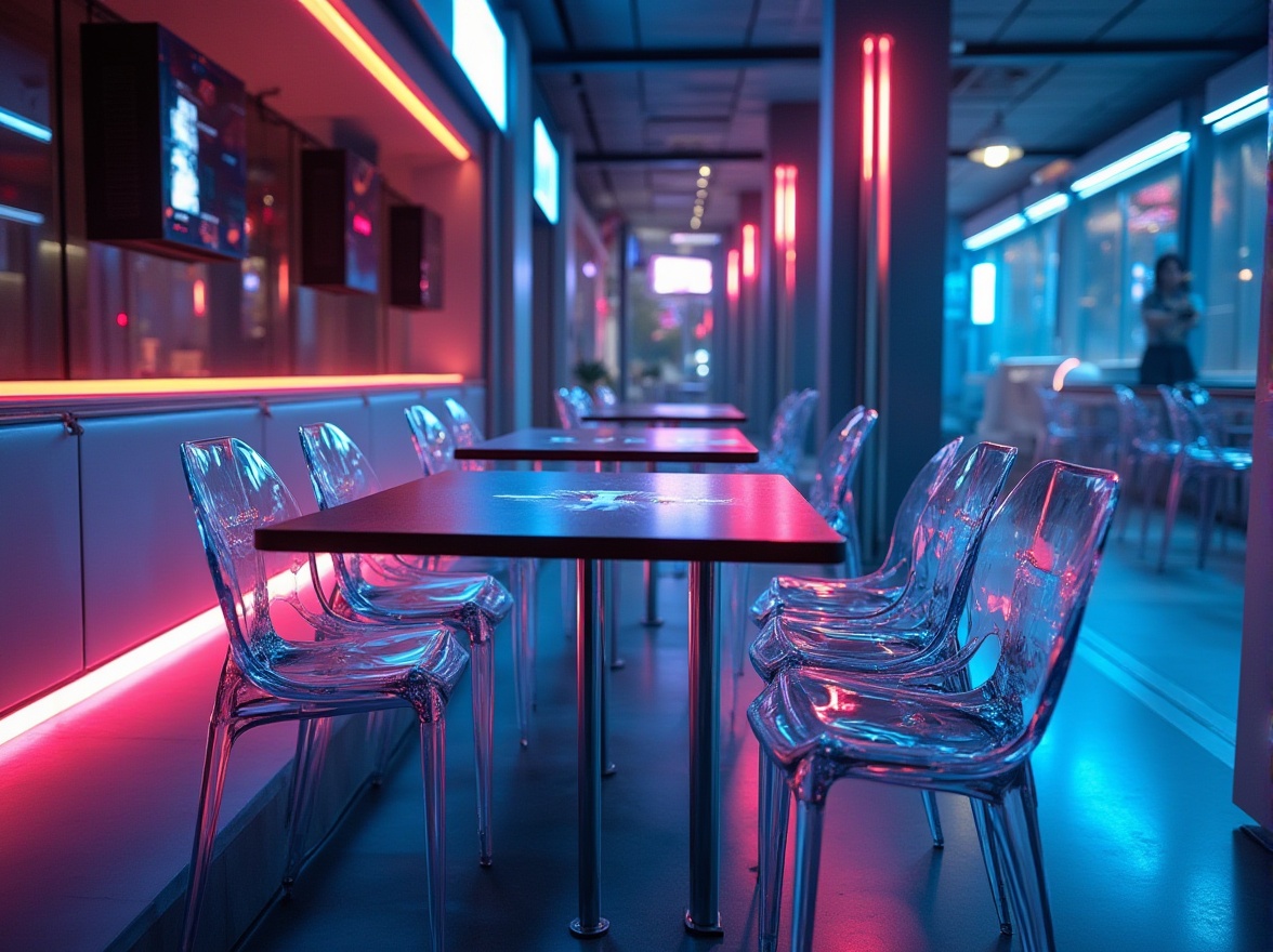 Prompt: Modern design, futuristic atmosphere, sleek lines, vibrant colors, glossy finishes, transparent plastic chairs, tables with metallic legs, minimalist decor, LED lights, geometric shapes, avant-garde architecture, urban cityscape, night scene, neon lights reflecting off polished surfaces, close-up of textures, shallow depth of field, bold composition, high contrast lighting.